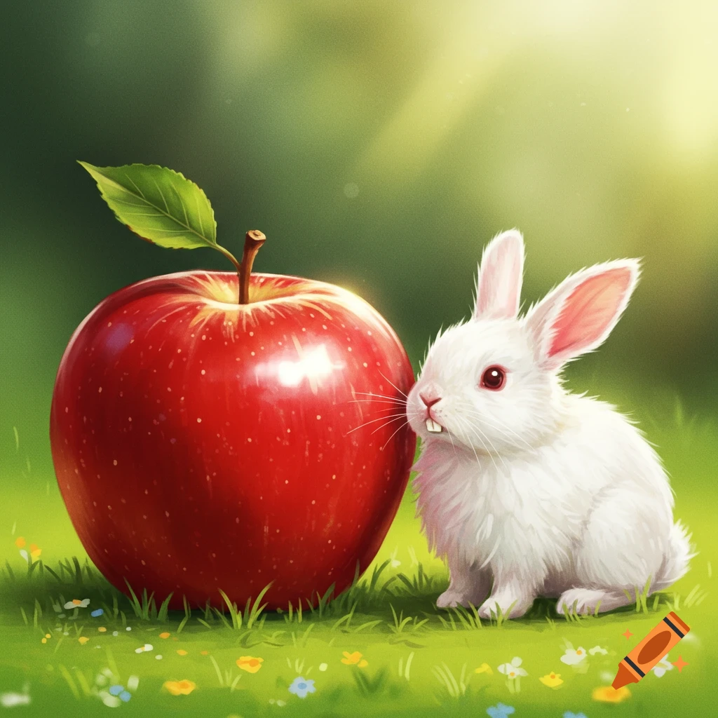 A cute white bunny sits next to a large red apple in a grassy field ...
