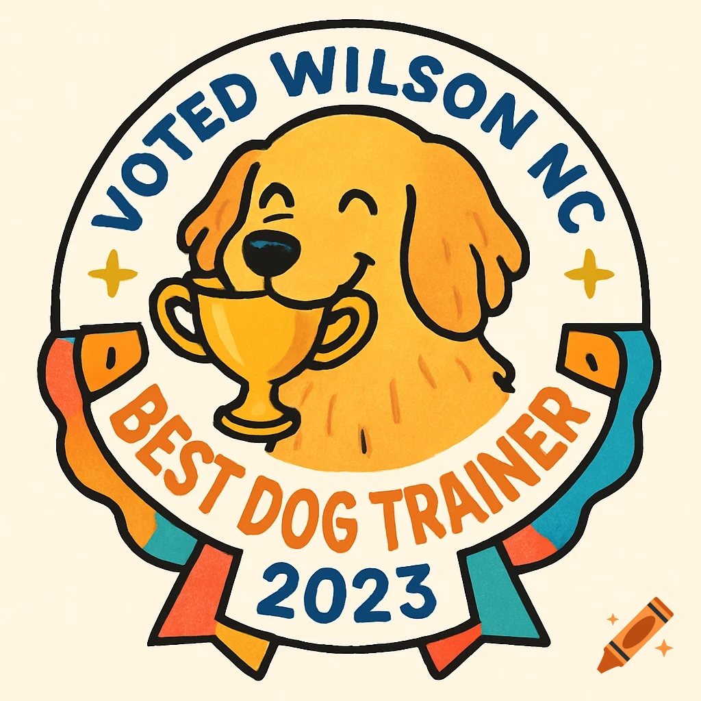 Fun illustrated badge with a cartoon golden retriever holding a trophy and text that says Voted Wilson NC Best Dog Trainer 2023.