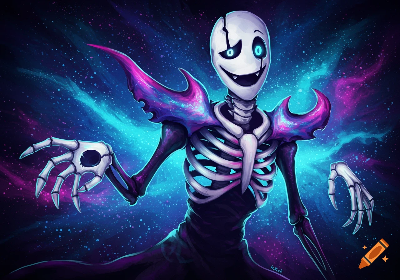 Stylized skeleton figure with glowing eyes and energy effects against a cosmic background.