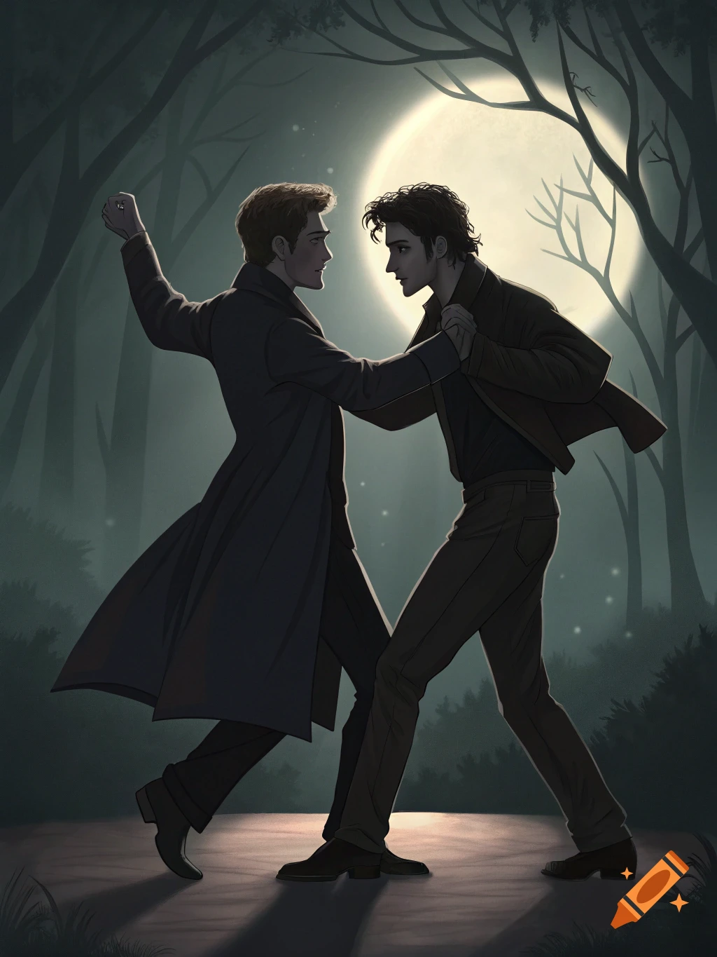 Two men dance in a forest under a large moon at night.