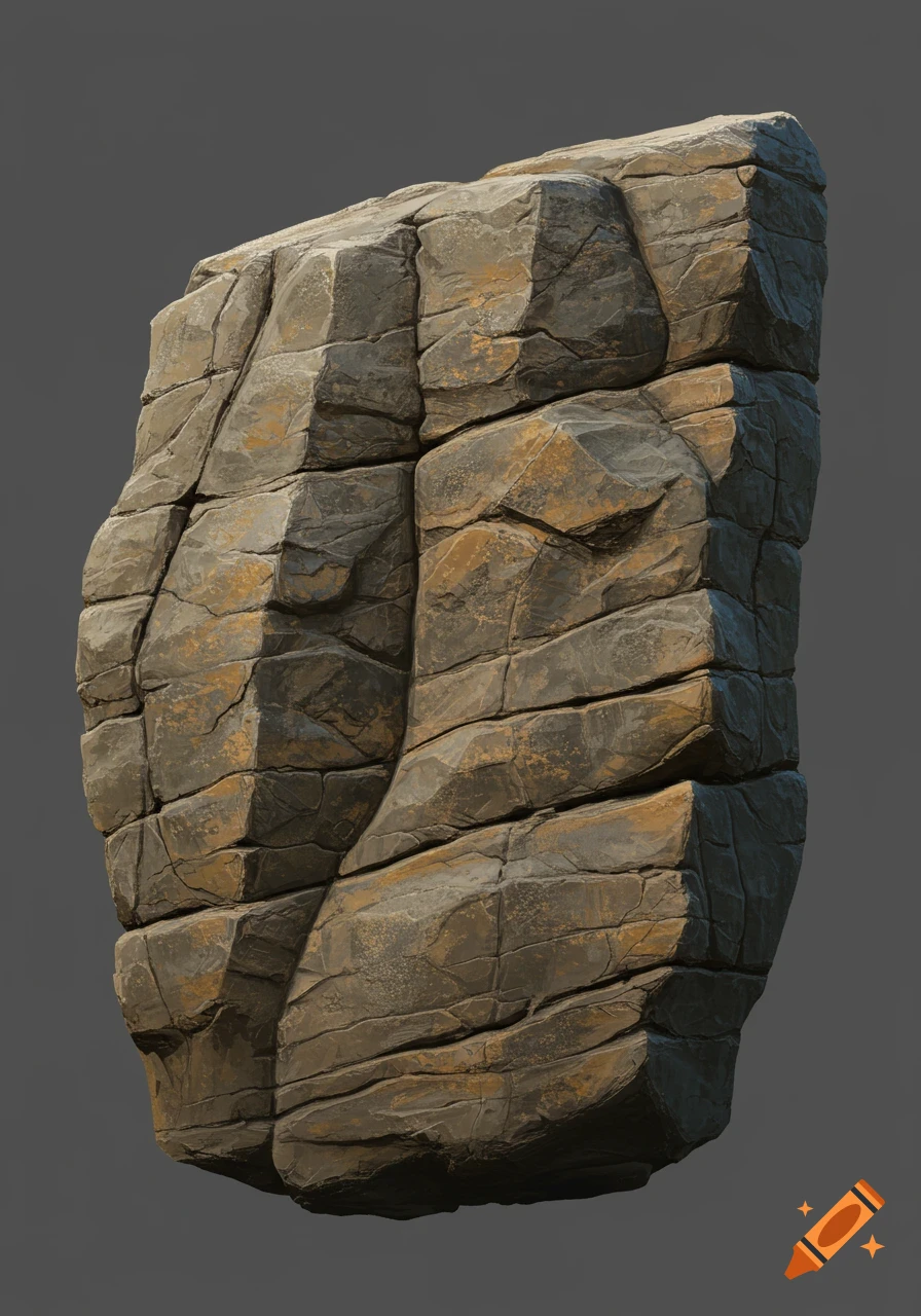 A large, textured rock on a gray background.