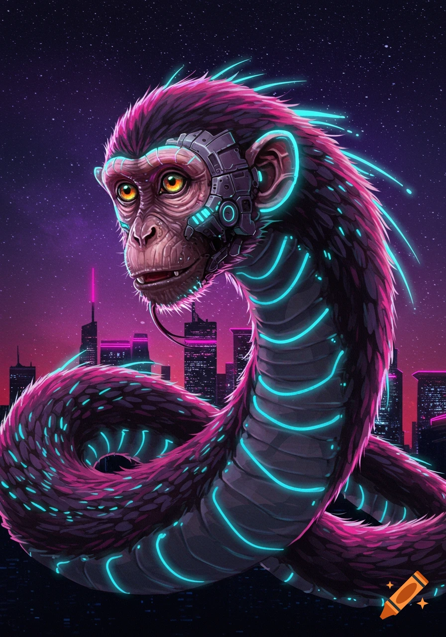 A futuristic monkey-snake hybrid creature with cybernetic parts and neon lights in a cyberpunk city.