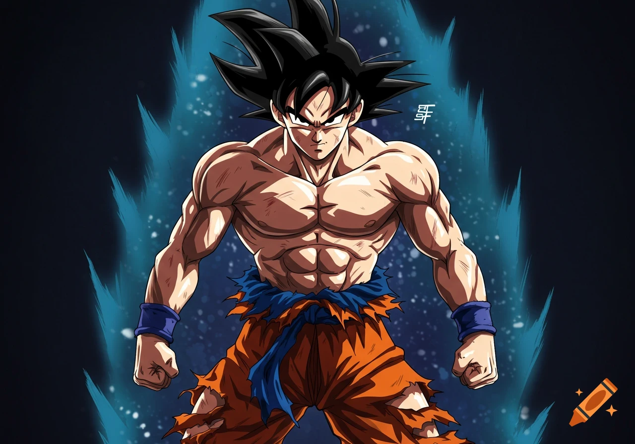 Muscular Goku in torn orange pants with a blue energy aura in anime style.