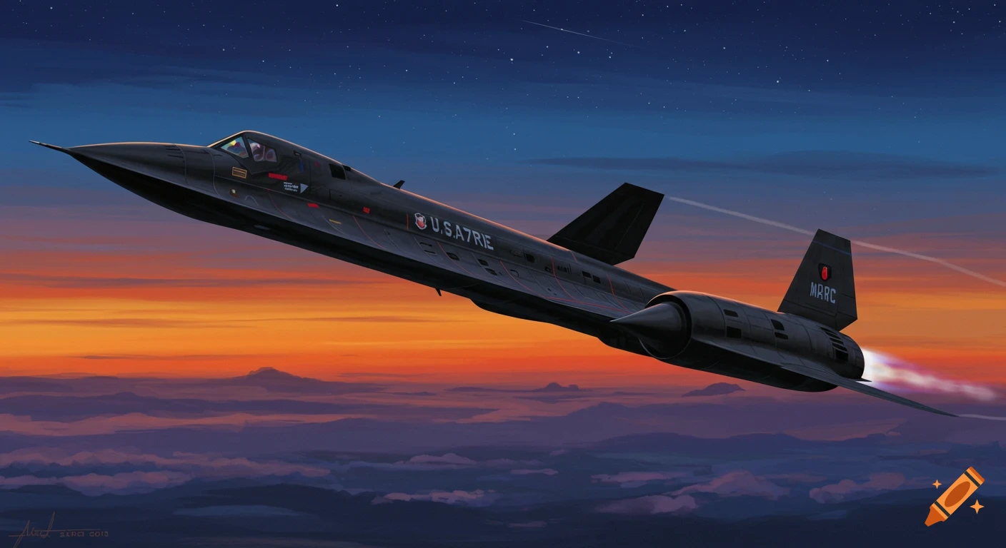 Illustration of a black SR-71 aircraft flying above clouds at sunset under a starry sky.