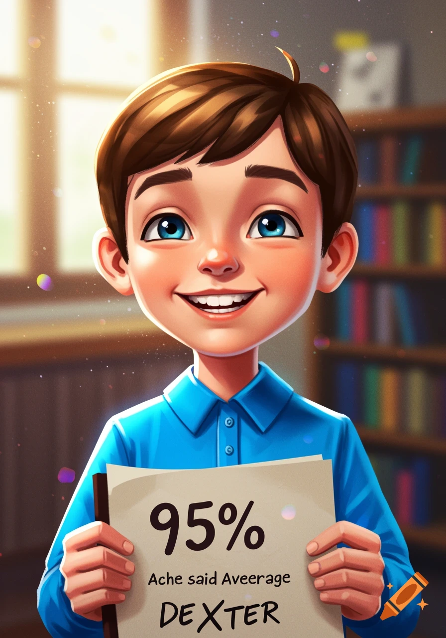 Illustration of a boy holding a paper with '95%' and 'DEXTER' on it in a library.