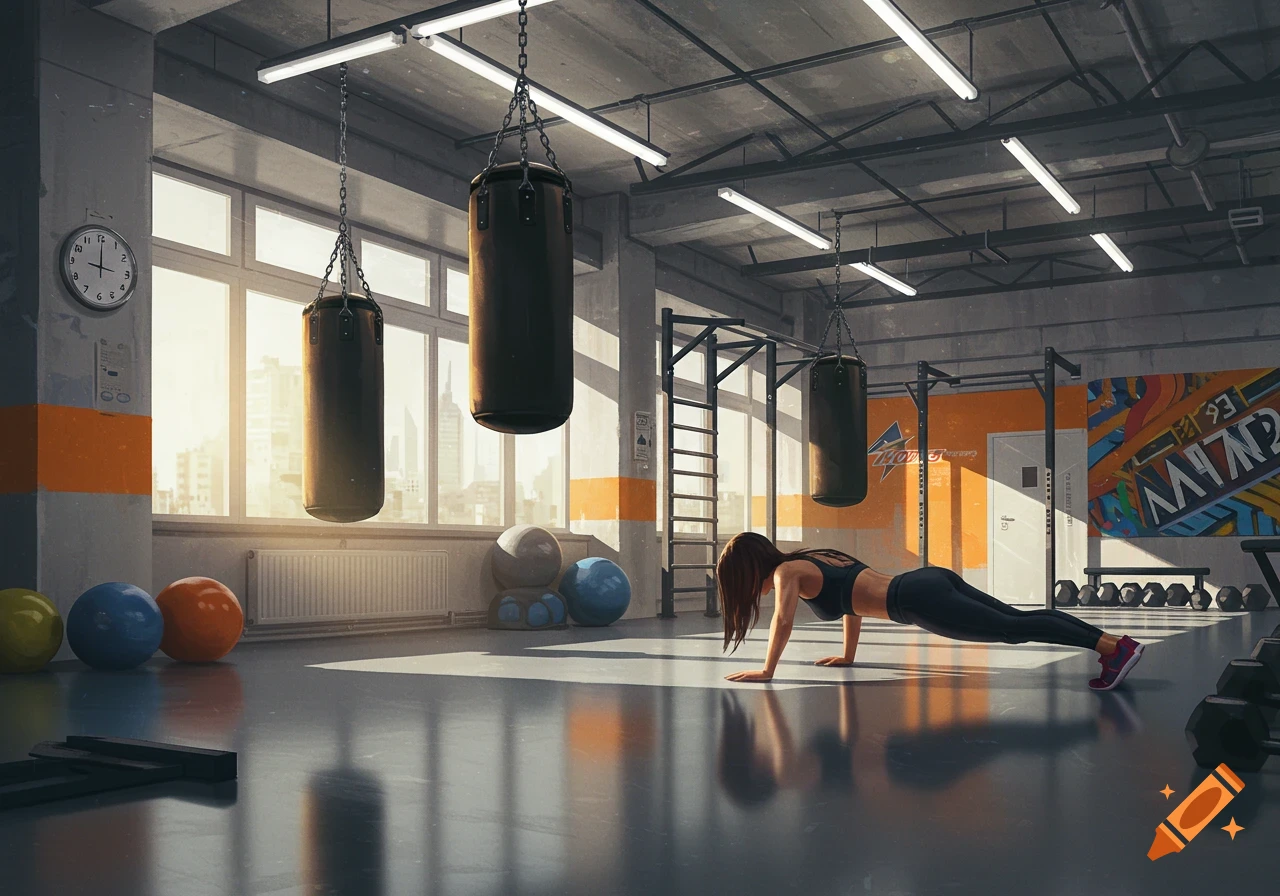 Woman doing pushups in a gym with punching bags and exercise equipment.