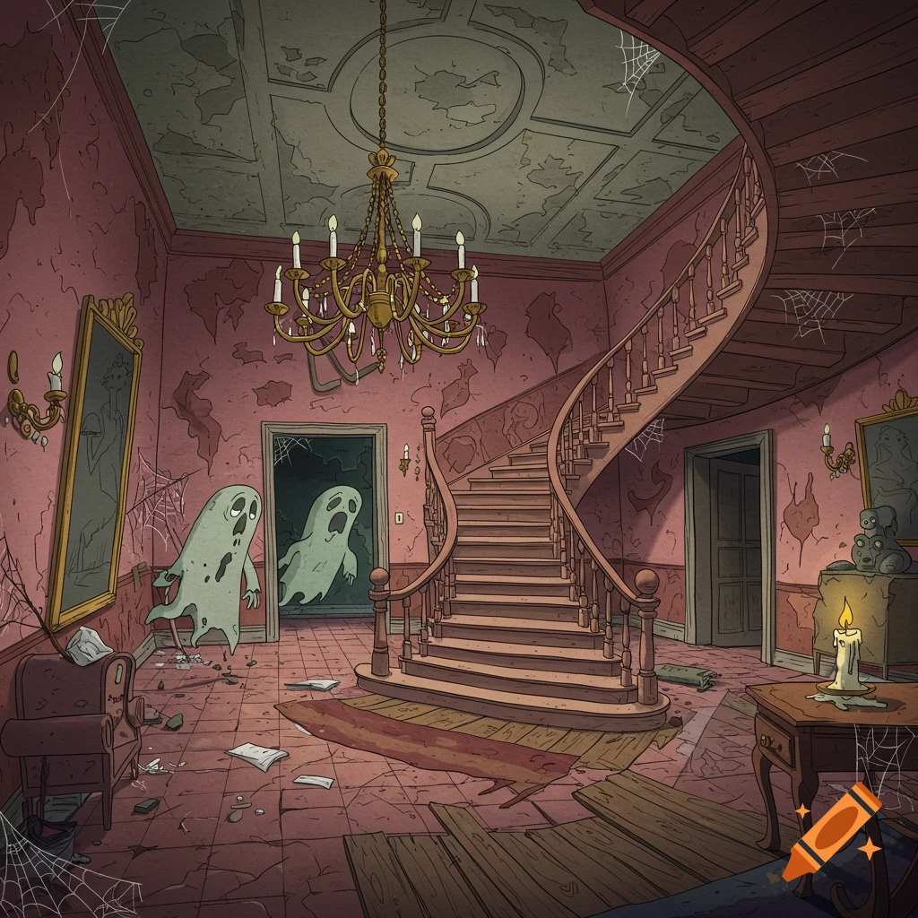 Cartoon haunted foyer with ghosts, grand staircase, and chandelier.