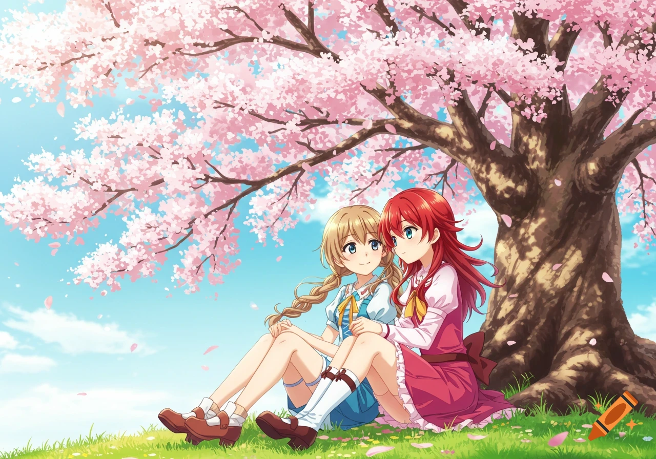 Two anime girls sit together under a large cherry blossom tree in a grassy field.