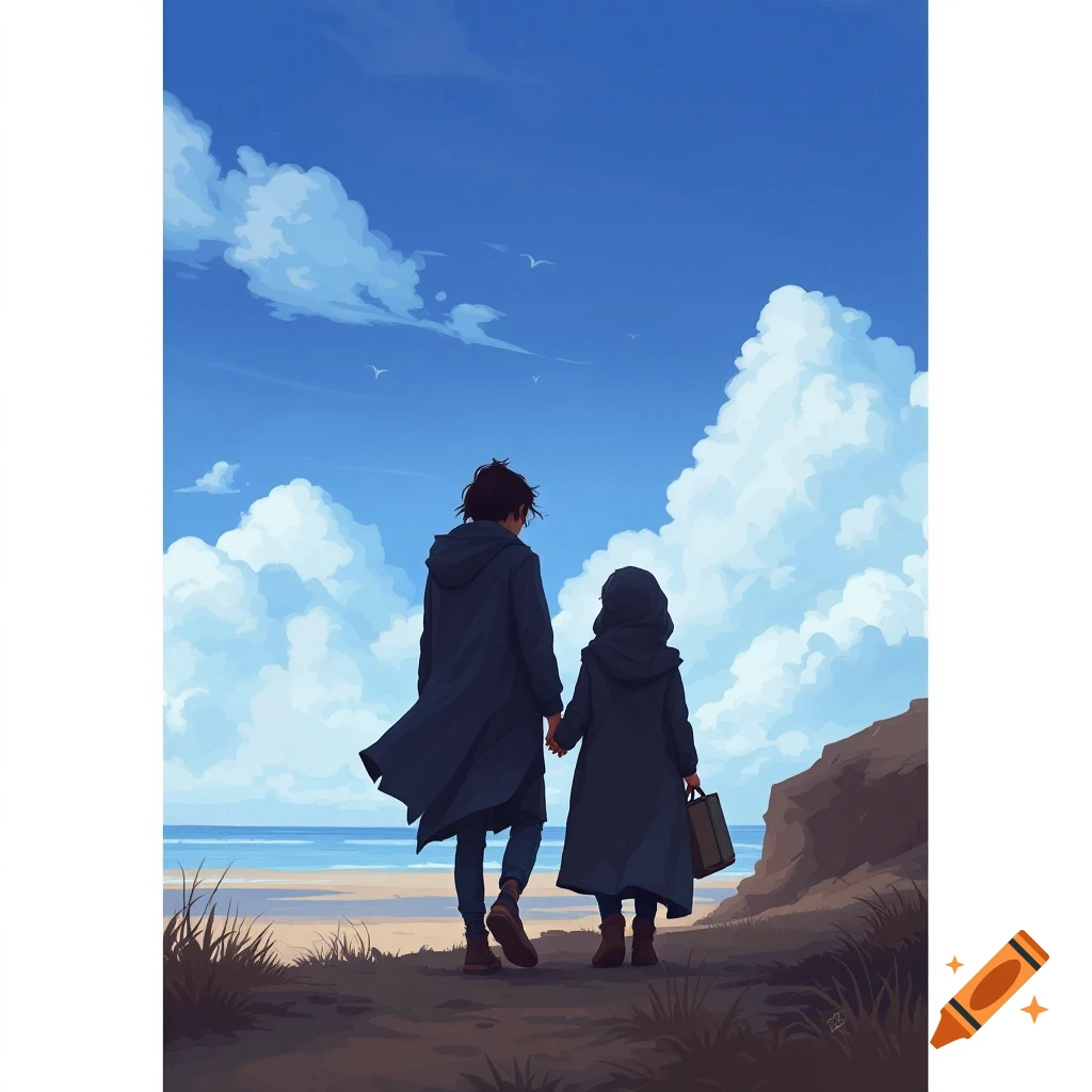Two figures in long coats walk towards the ocean under a dramatic cloudy sky, in an anime illustration style.