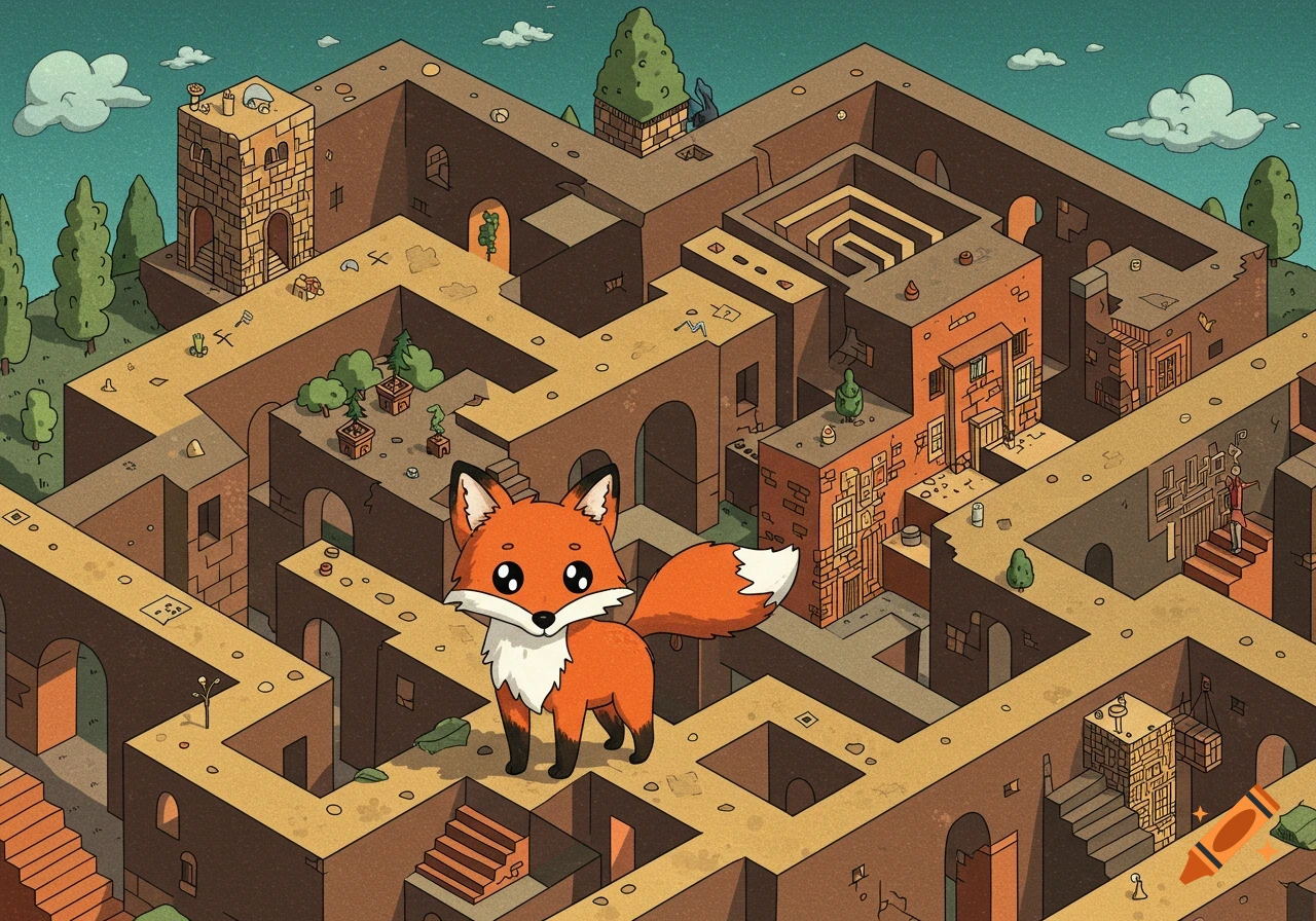A cute fox stands in an isometric maze illustration.