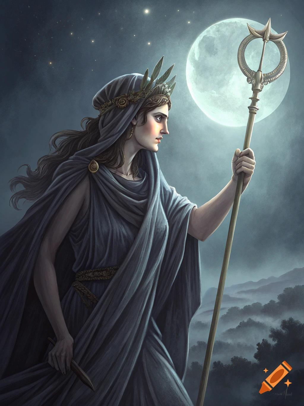 A woman in ancient robes holds a staff under a full moon and starry sky, misty hills below. Illustration.