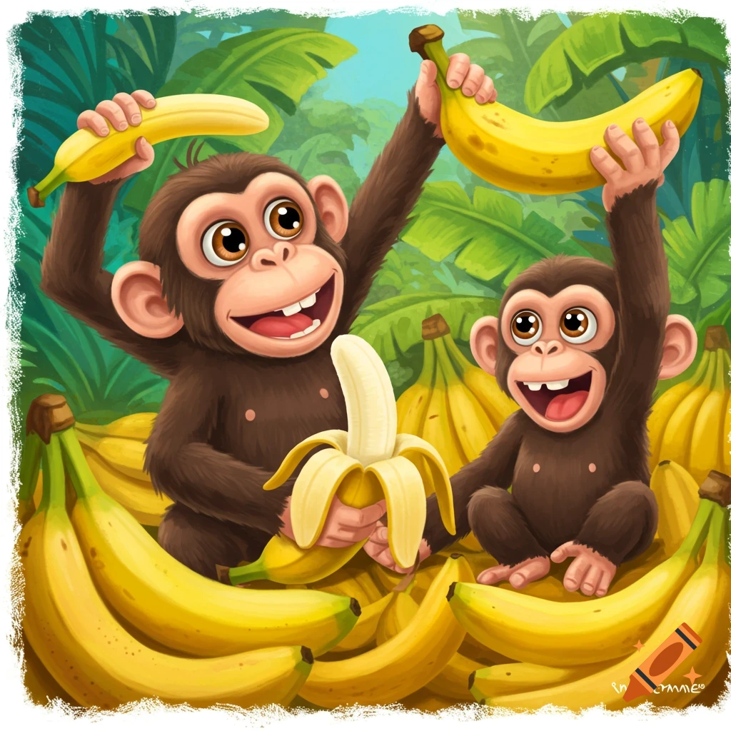 Two happy cartoon monkeys surrounded by bananas, holding and peeling bananas.