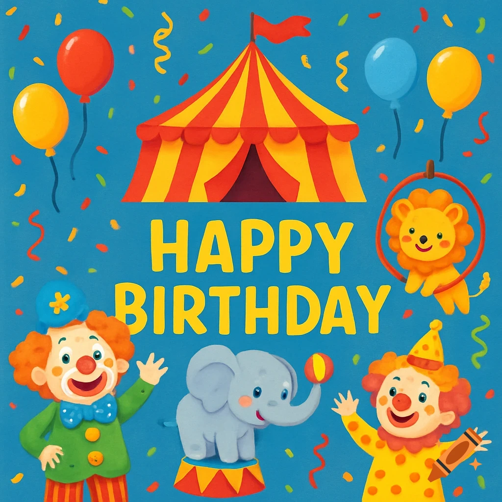 Colorful circus birthday illustration with clowns, animals, balloons, and text