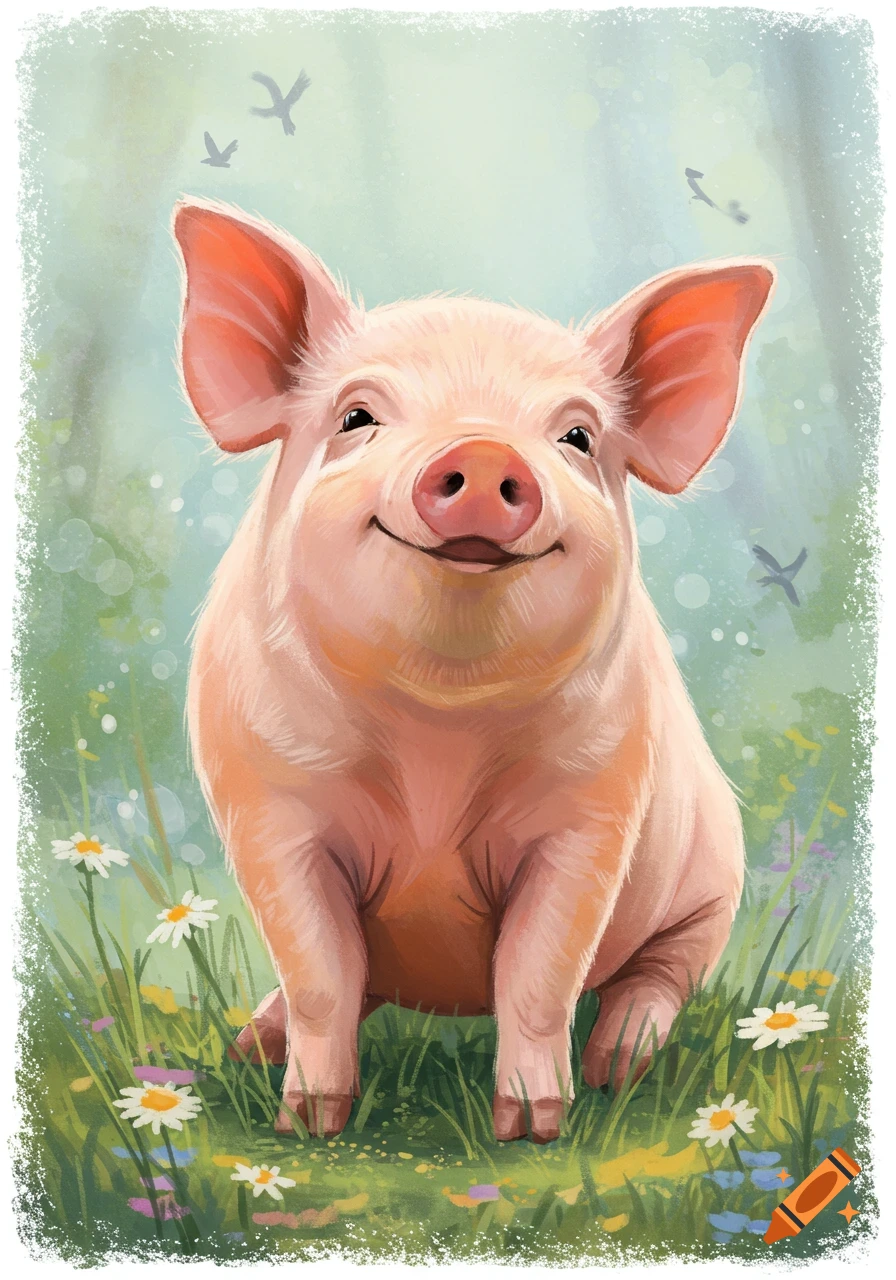 A happy pig sits in a grassy field with daisies and birds in an illustration.