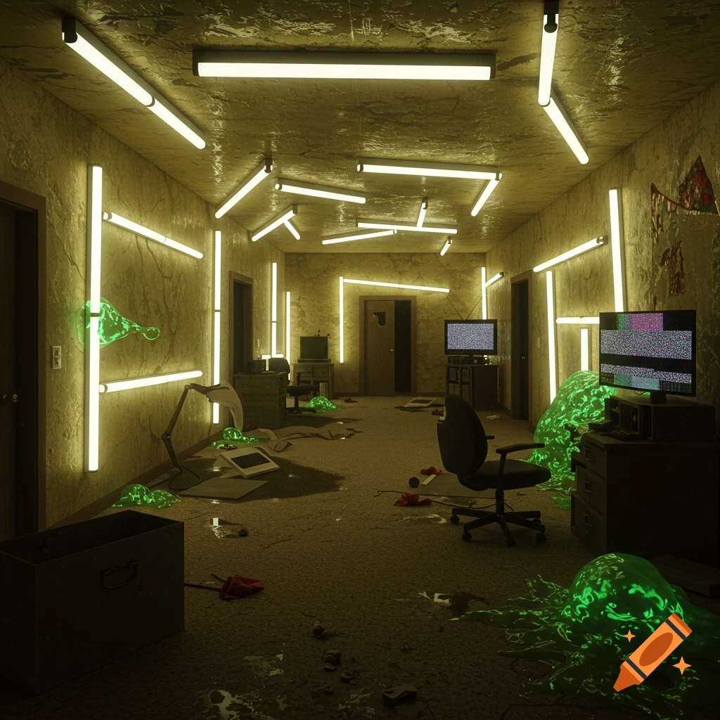 Creepy interior hallway with scattered glowing fluorescent lights, green slime, and static on monitors.