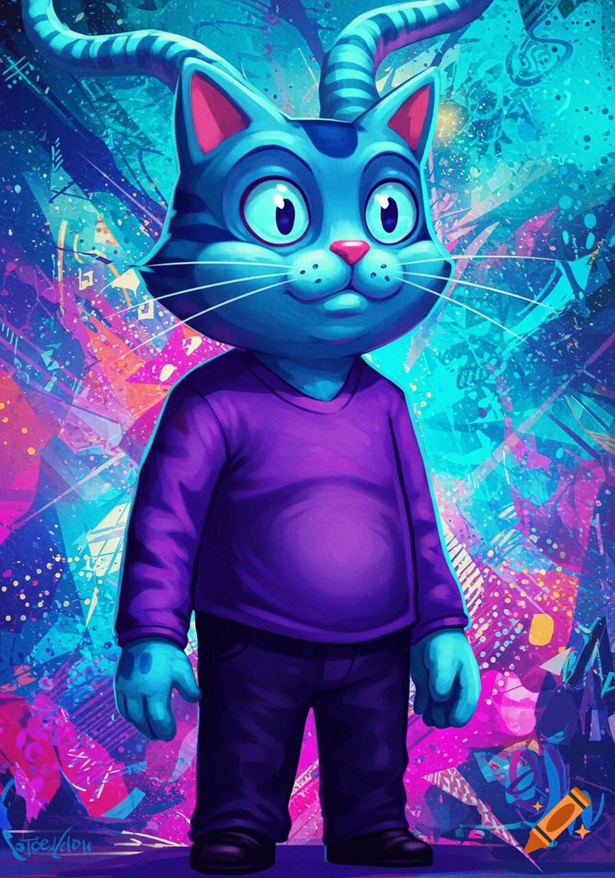 A blue cartoon cat character wearing a purple shirt and dark pants stands against a vibrant, abstract, colorful background.