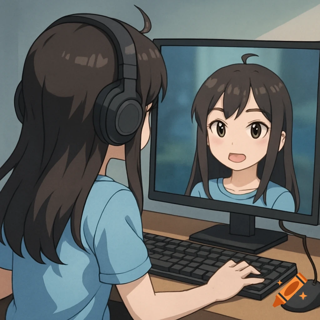 Anime girl in headphones facing away, looking at computer screen displaying her face.