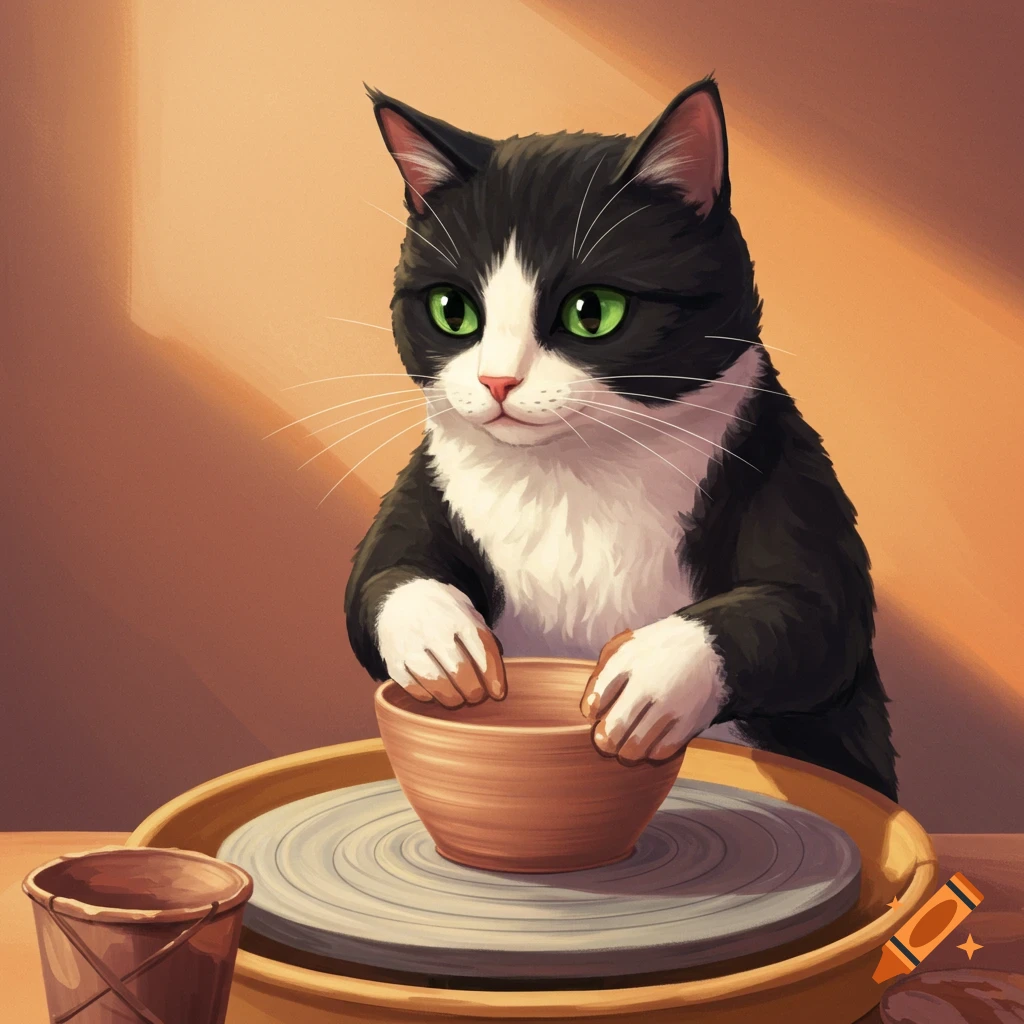 A tuxedo cat making a bowl on a pottery wheel in a painterly style