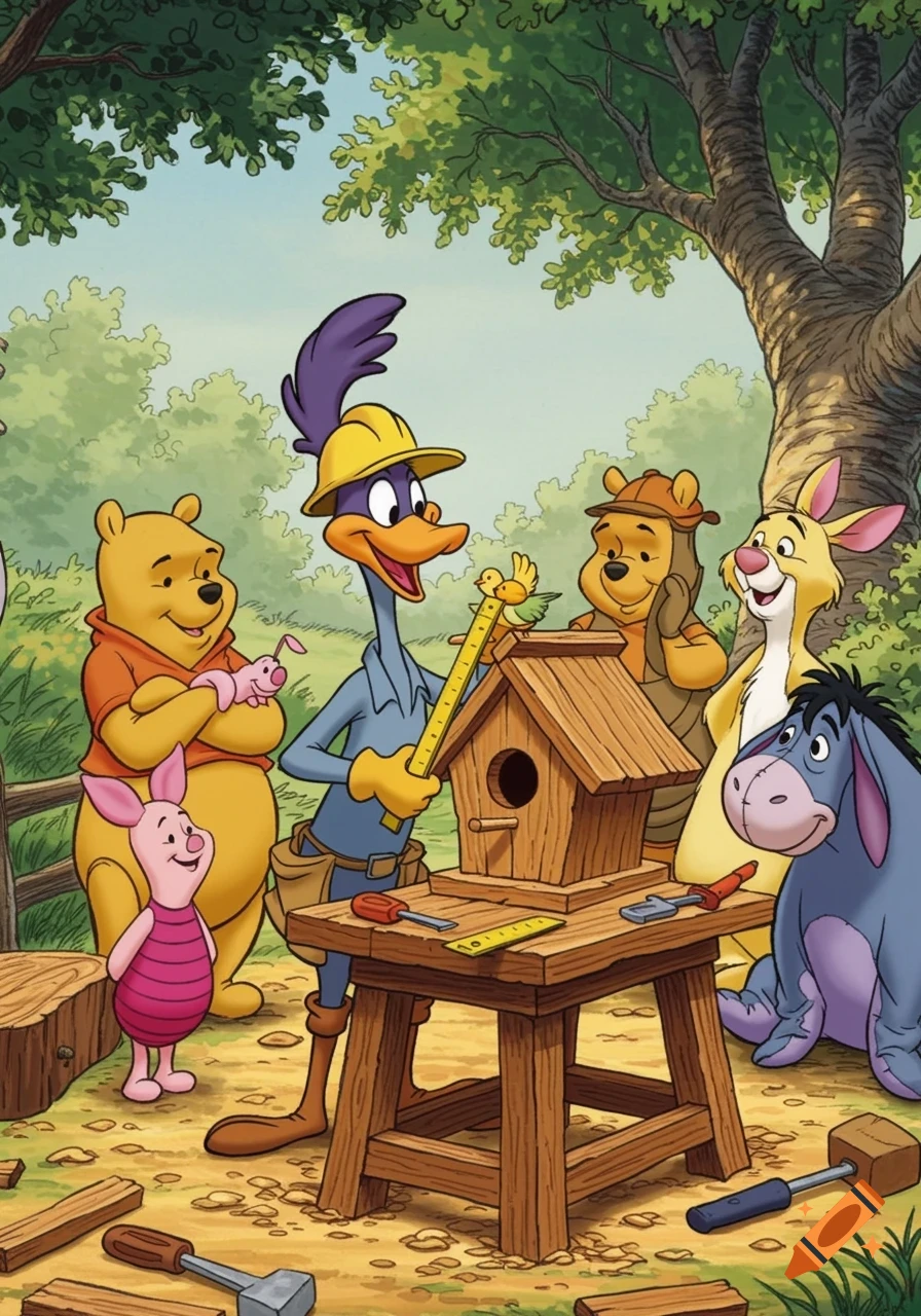 Cartoon characters Roadrunner, Winnie the Pooh, Piglet, Rabbit, and Eeyore building a birdhouse.