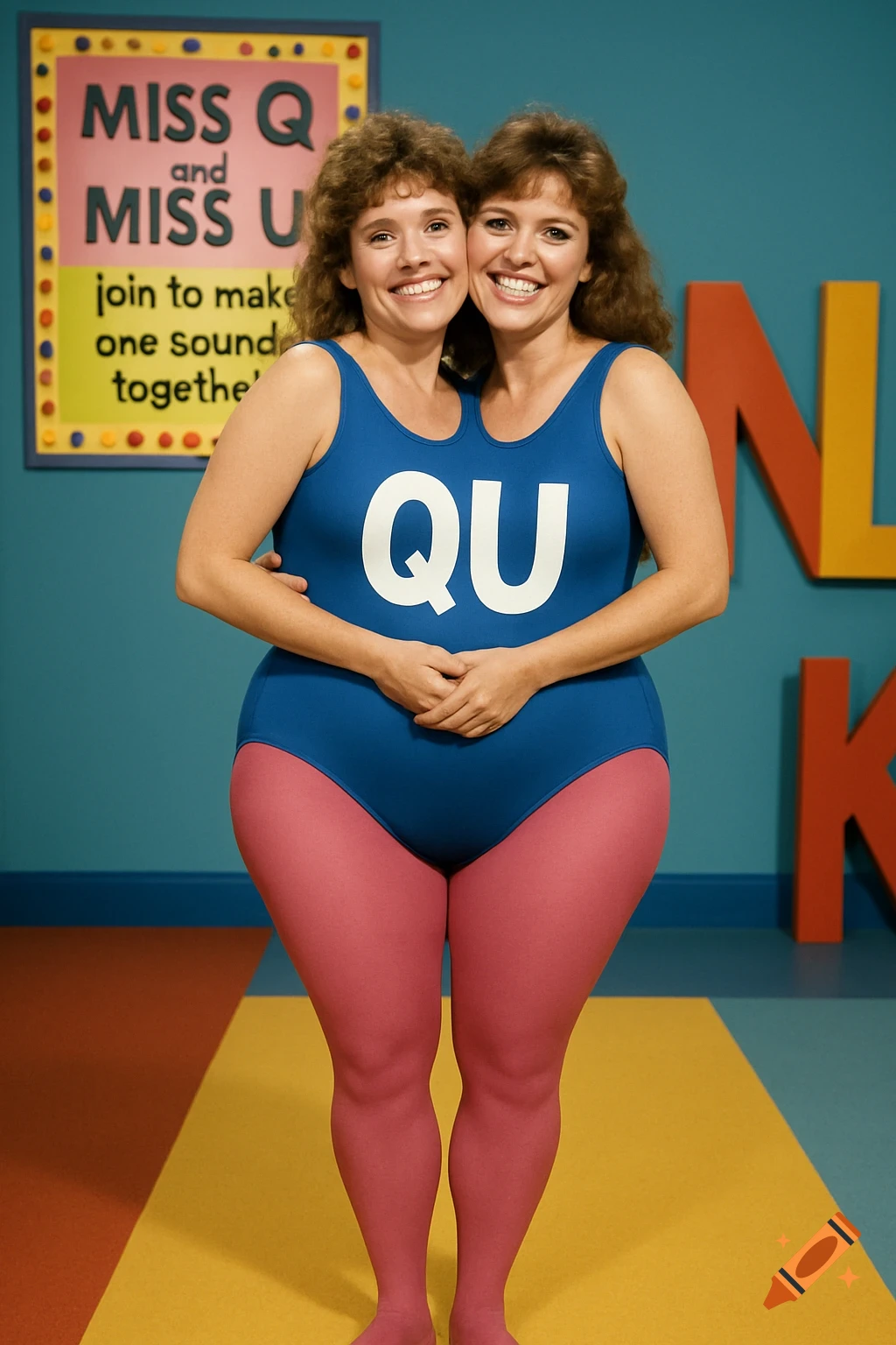 Two women in a 'two-headed woman' illusion in a blue QU leotard and pink tights in a 1990s educational show.