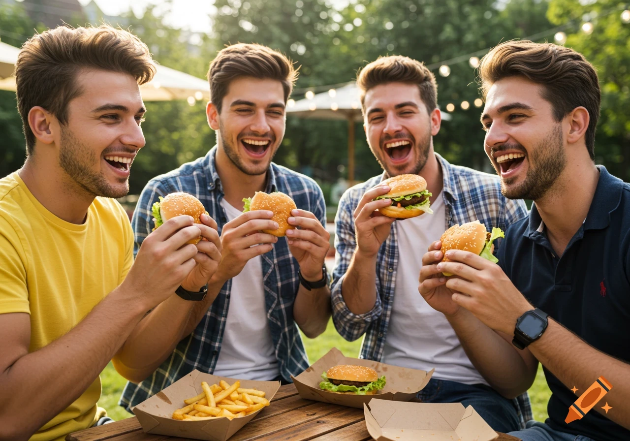 Four happy young men eating burgers and fries outdoors