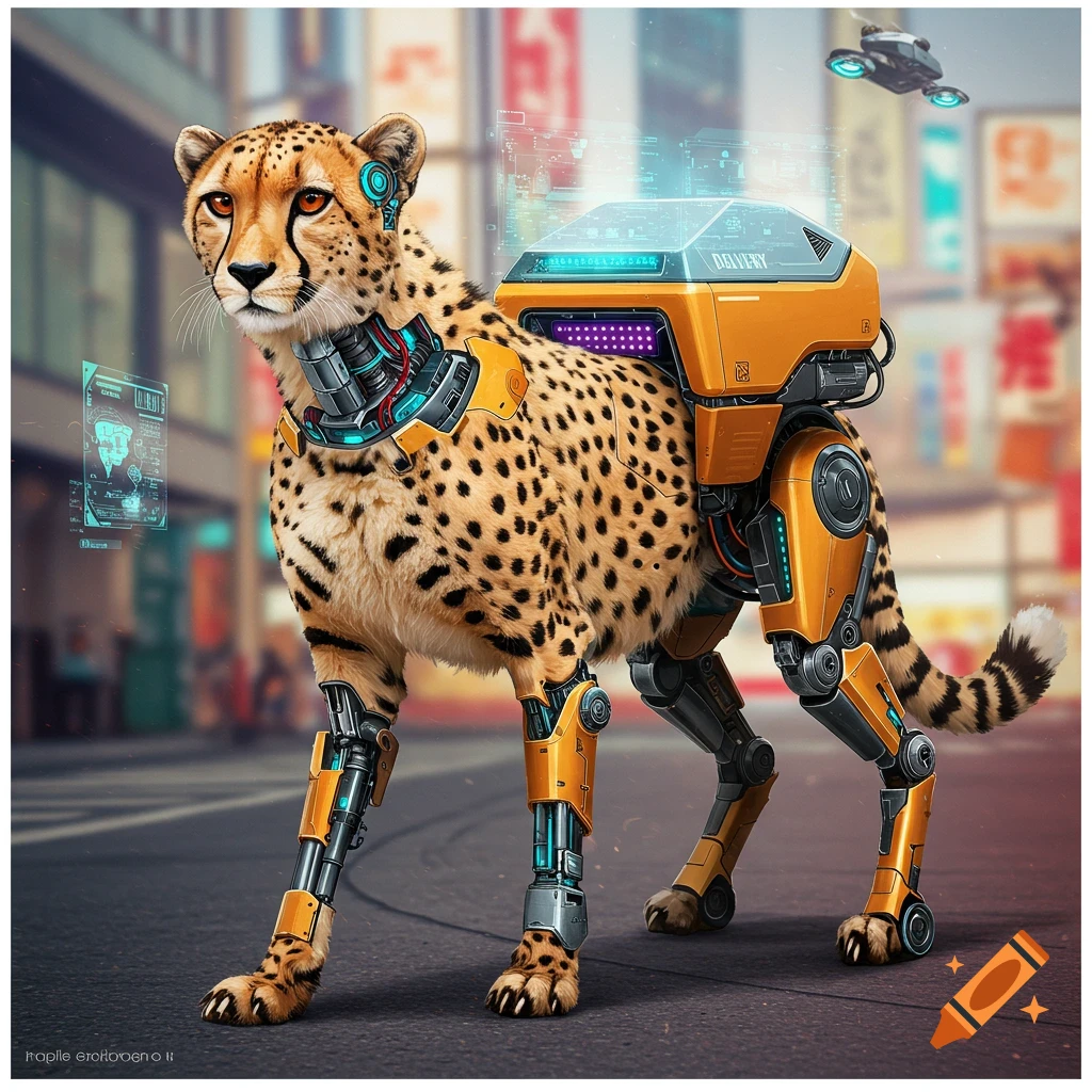 A cyborg cheetah with yellow robot limbs and a delivery backpack stands on a city street.