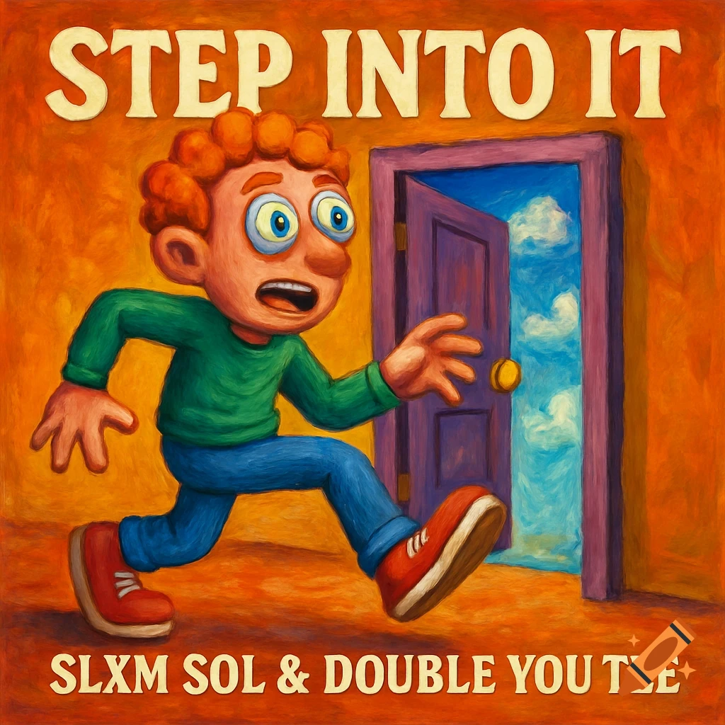 Cartoon person running through a door to a sky, with text 'STEP INTO IT' and 'SLXM SOL & DOUBLE YOU TEE'. Stylized painted artwork.