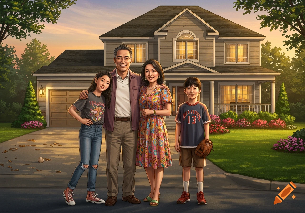 An illustrative image of an Asian family standing in front of a suburban house at sunset.