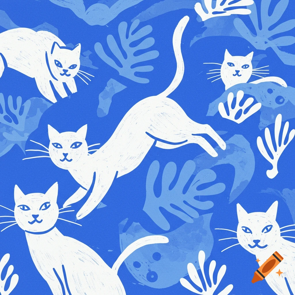 White cats and blue shapes in a Matisse-style pattern