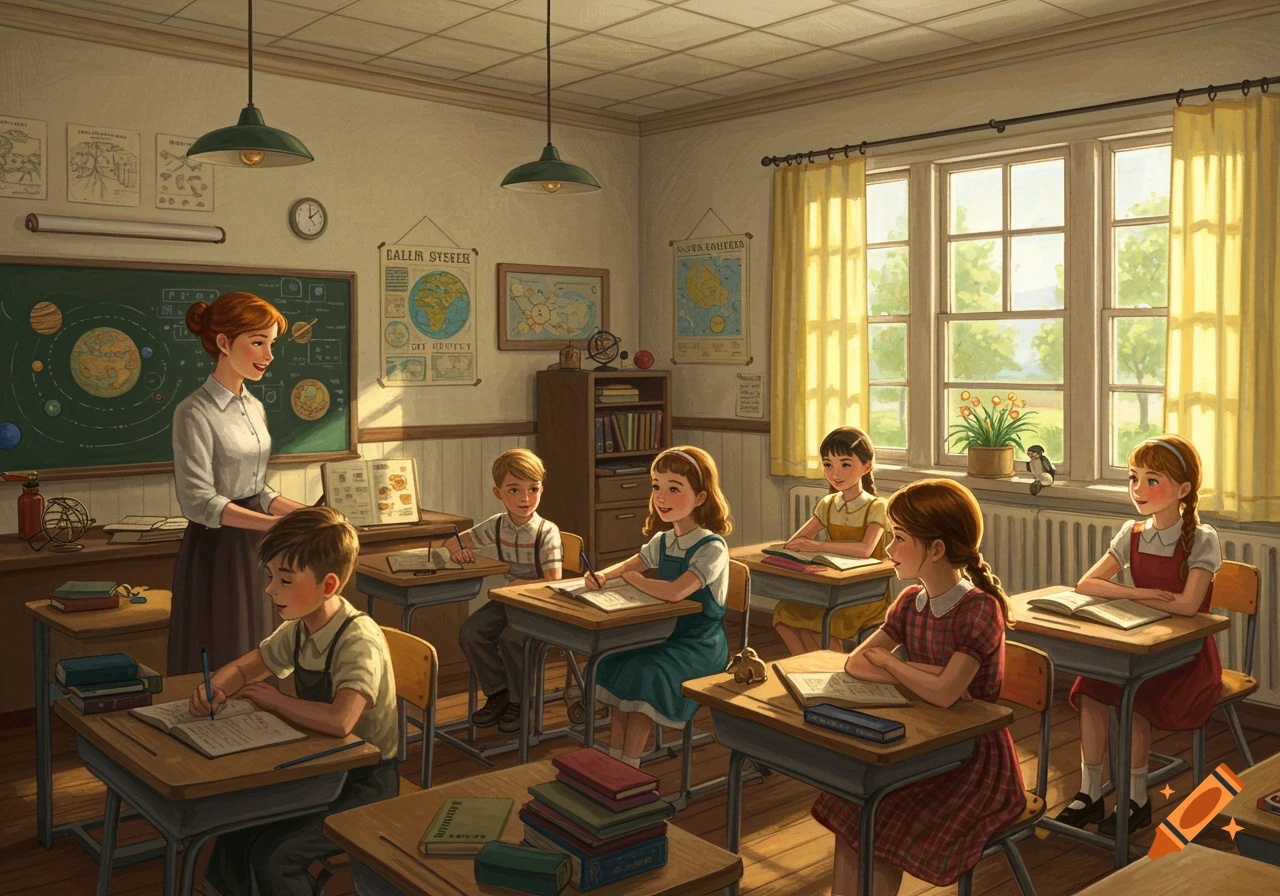 Vintage illustration of a teacher and students in a classroom