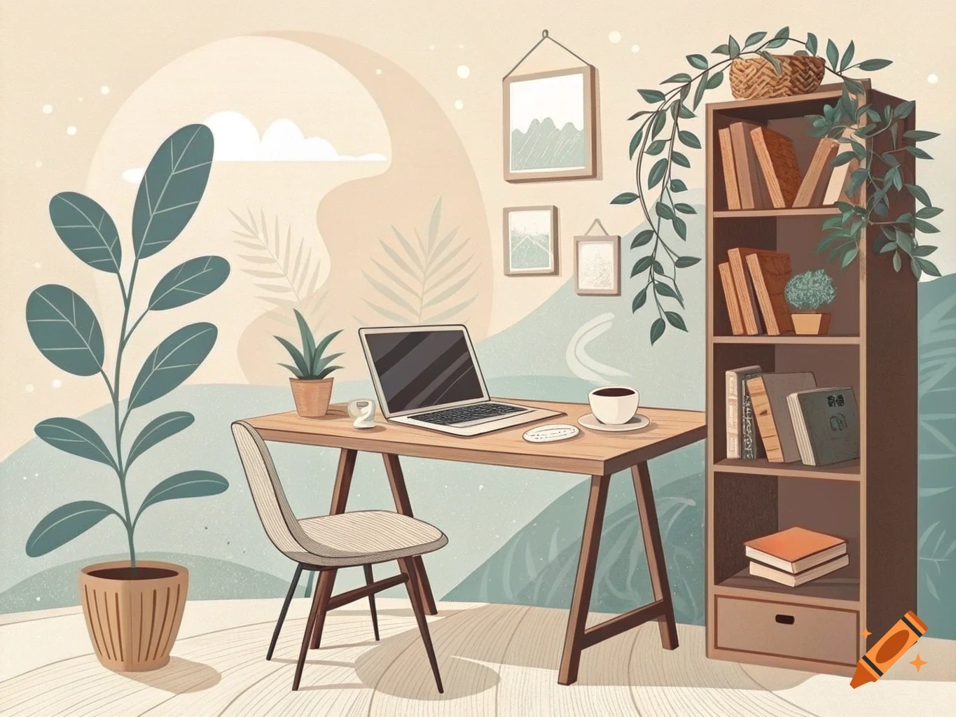 A stylized illustration of a cozy workspace with a desk, laptop, chair, bookshelf, and plants.