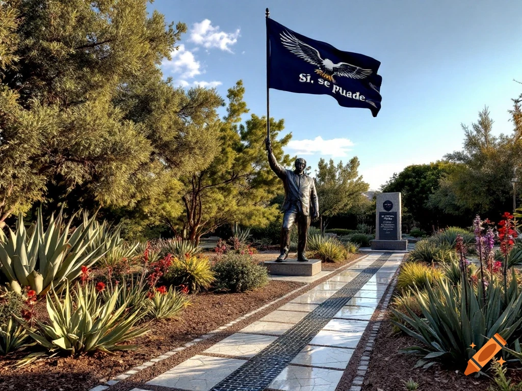 A statue holding a flag with "Si, se puade" in a garden with a pathway and monument.