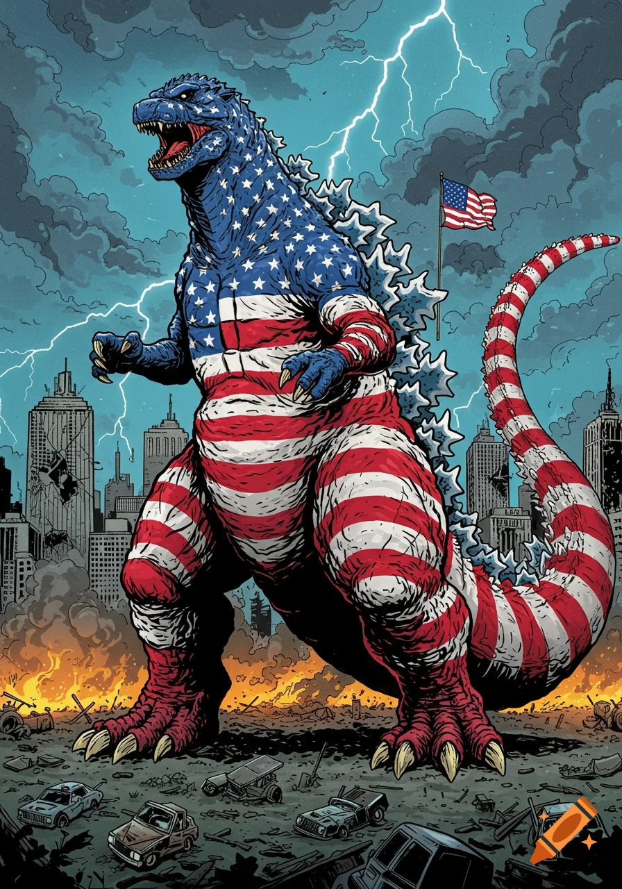 Giant monster resembling Godzilla covered in US flag pattern stands over a destroyed city with lightning in comic book style.