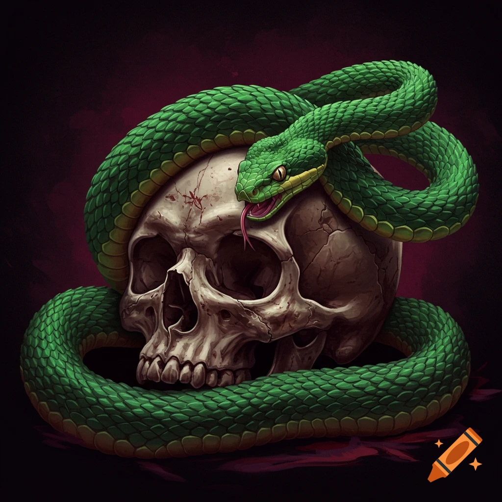A green snake coiled around a human skull, illustration.