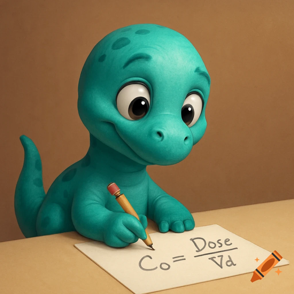 A cute teal cartoon dinosaur writes the equation Co = Dose / Vd on a sheet of paper.