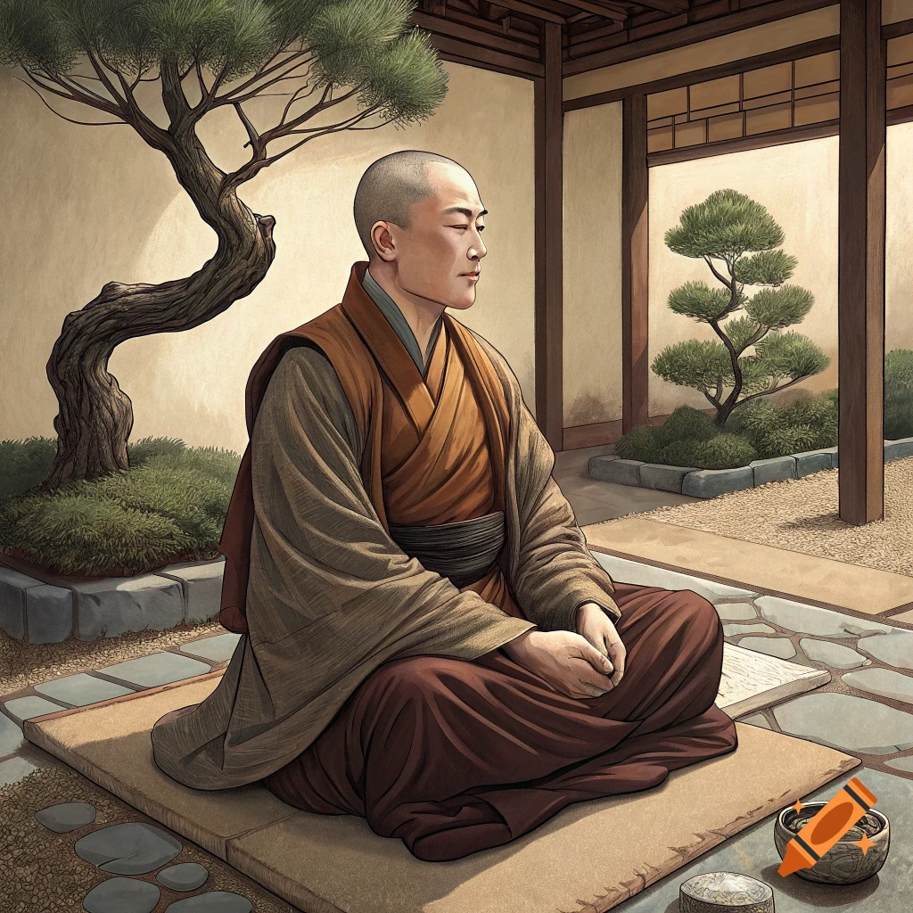 A bald person in monk's robes meditates in a Japanese garden.