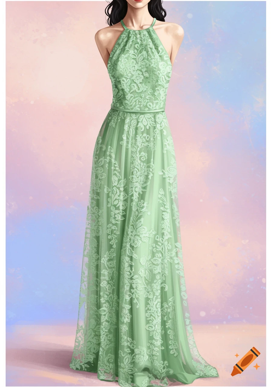 Digital painting of a woman in a floor-length light green halter dress with floral lace against a pastel background.