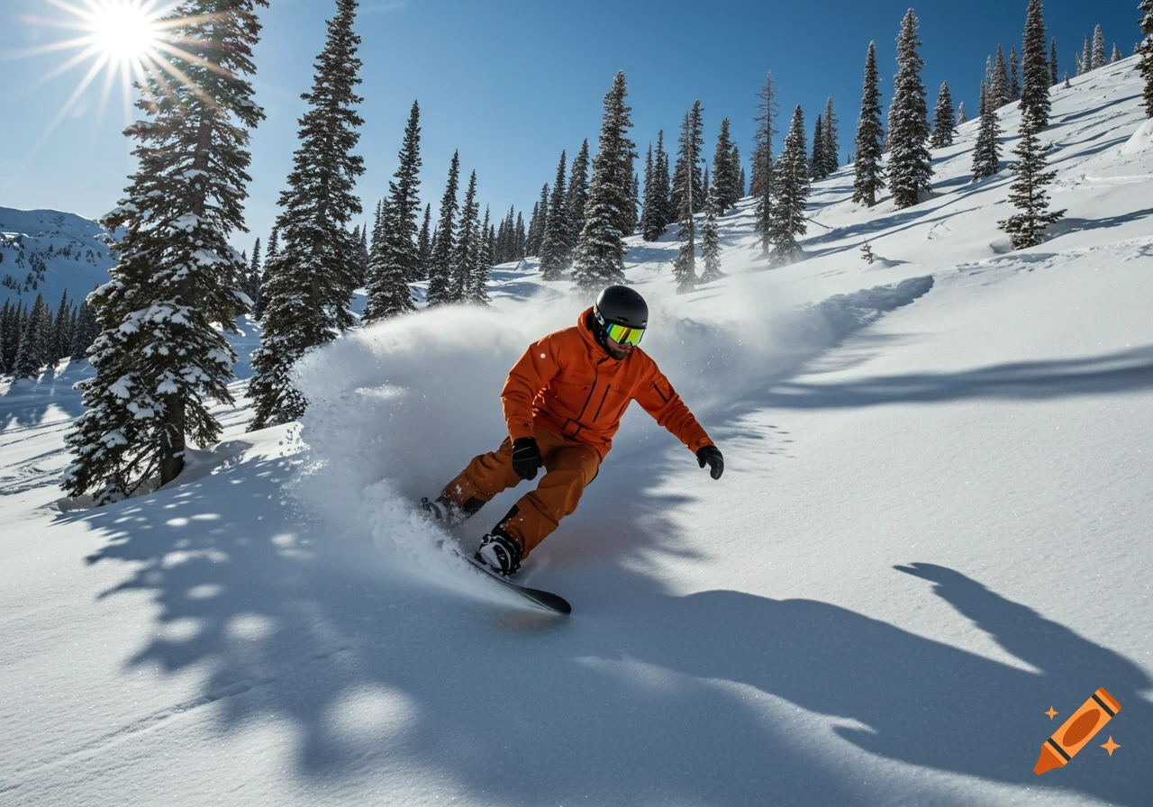 Man snowboarding down a snowy mountain slope on a sunny day, kicking up snow.