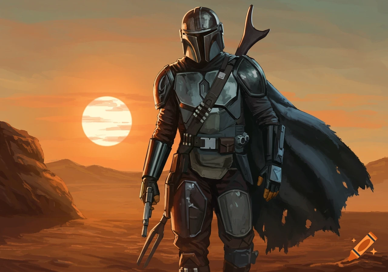 Illustration of a character like the Mandalorian standing in a desert ...