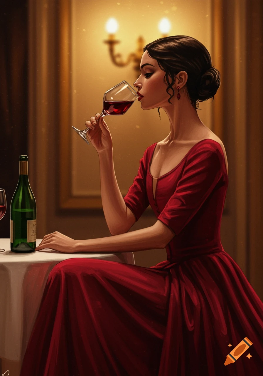 A woman in a red dress sips red wine at a table in an elegant setting.