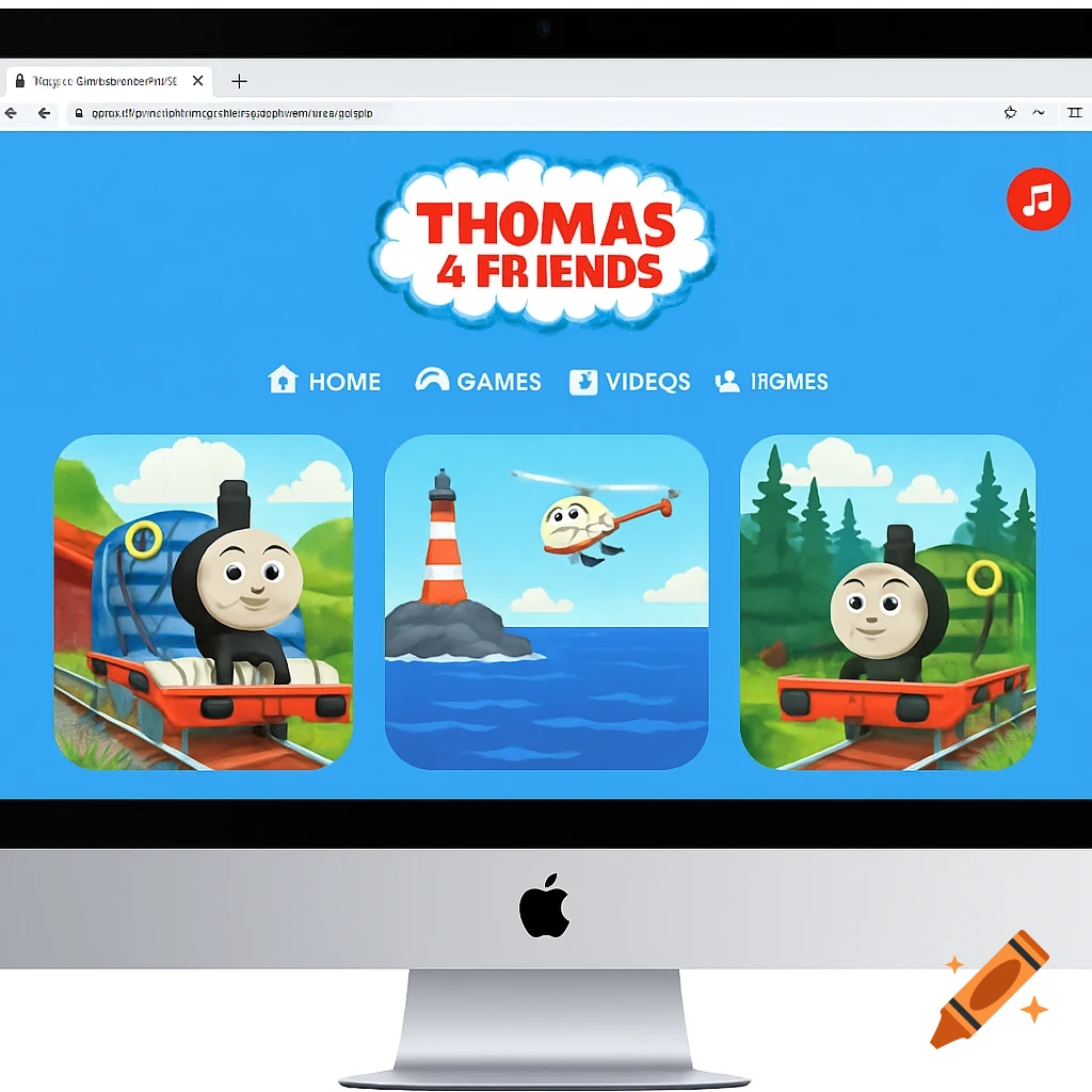 A simulated Thomas & Friends website displayed on an Apple iMac, showing character images and navigation links.