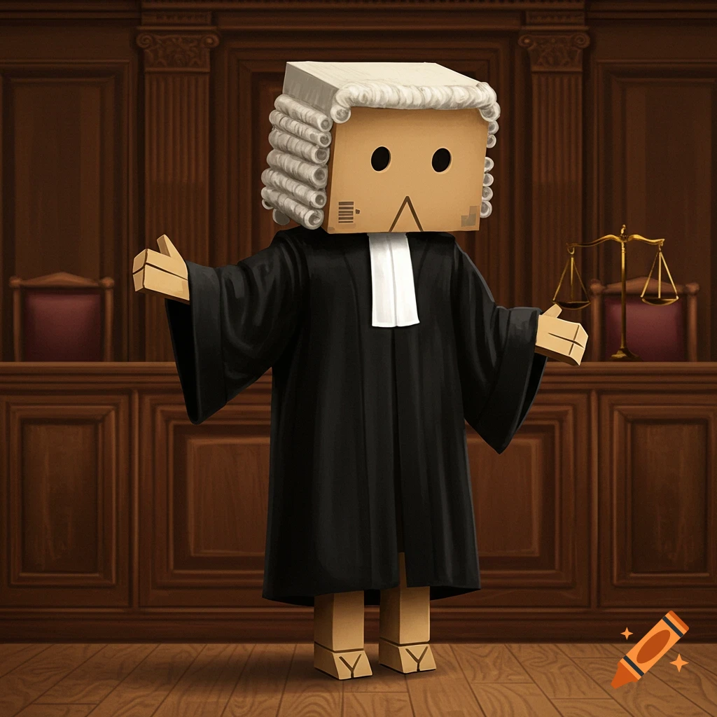 A cardboard figure wearing a judge's wig and robe stands in a courtroom with scales of justice.