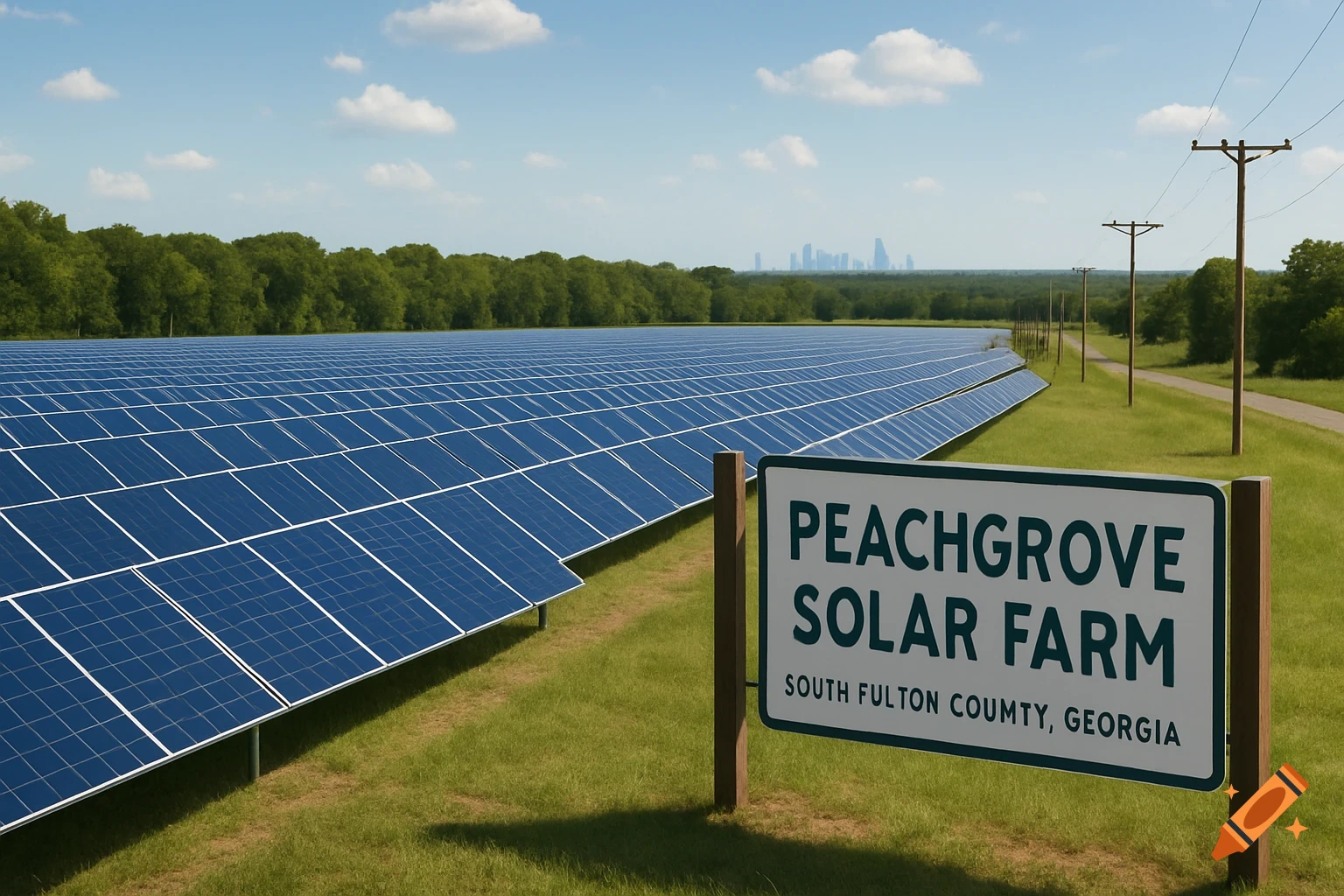 A large solar farm in a grassy field with a sign reading 'PeachGrove Solar Farm'. Power lines and a distant city skyline visible.