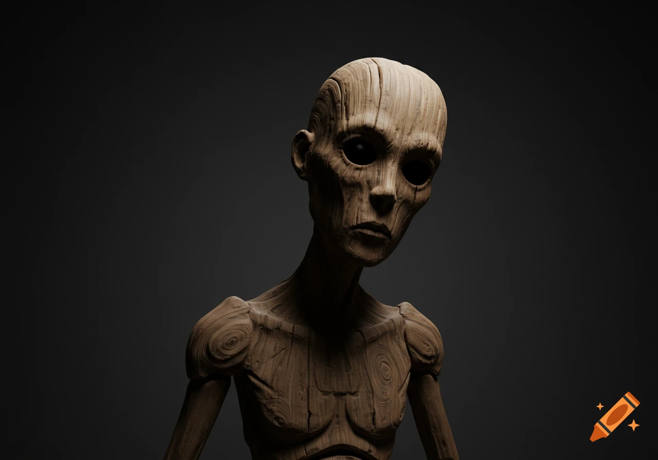 An unsettling wooden humanoid figure with distorted features and vacant eyes.