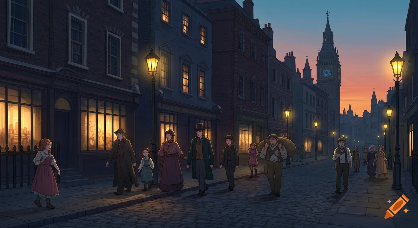 Illustration of people walking on a street in Victorian London at dusk with lamps and shops.