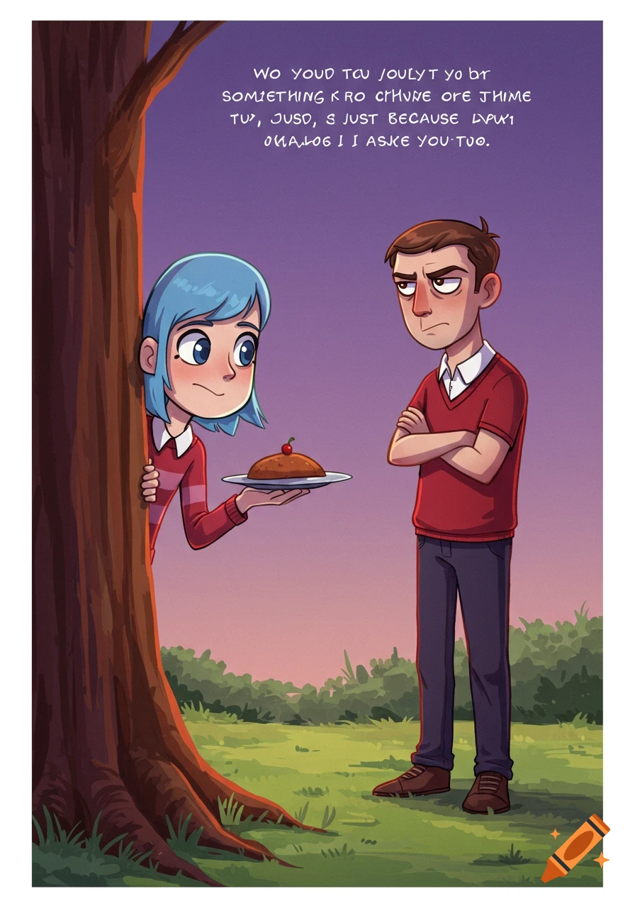 Cartoon girl peeking around a tree, offering a plate with food to a grumpy cartoon boy.