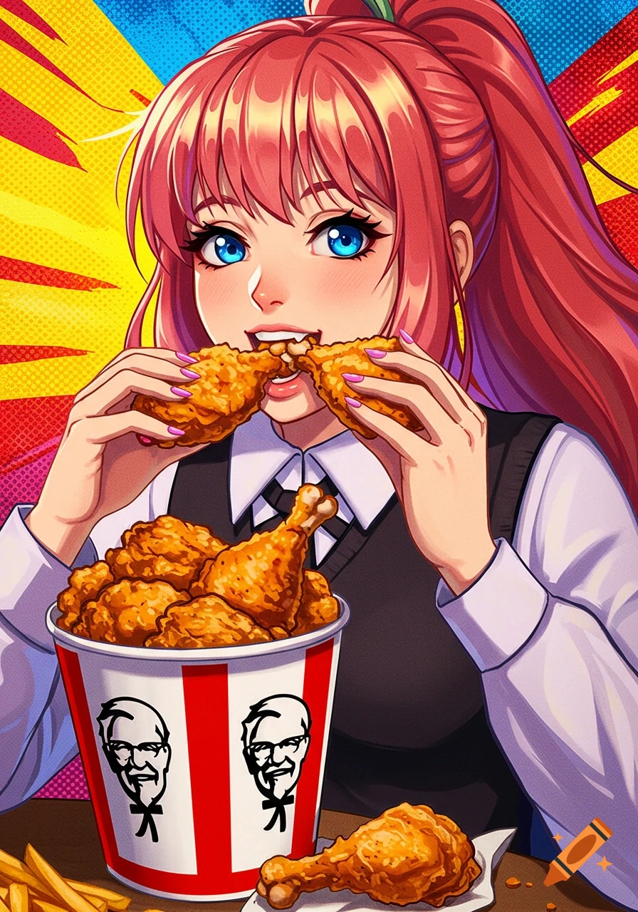 Anime character with pink hair and blue eyes eating fried chicken from a KFC bucket in a pop art style illustration.
