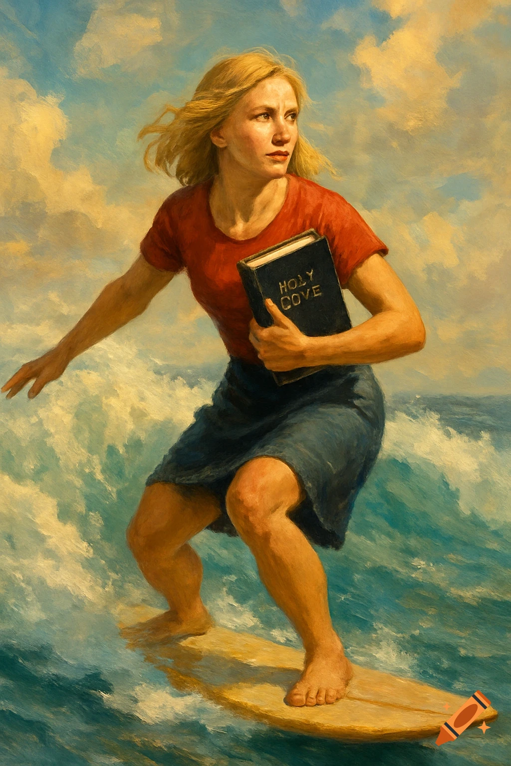 Painting of a blonde woman surfing while holding a book