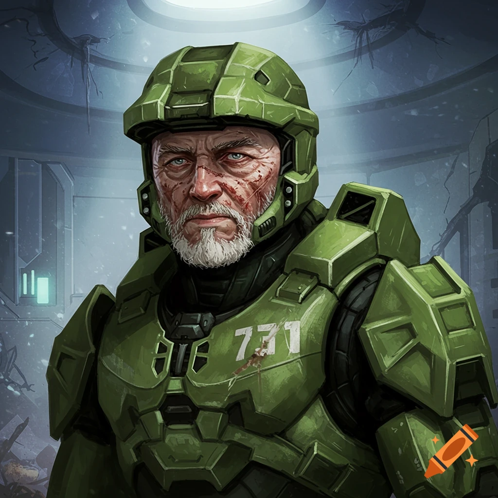Portrait of an old man with a beard and scars wearing green sci-fi armor like Master Chief.