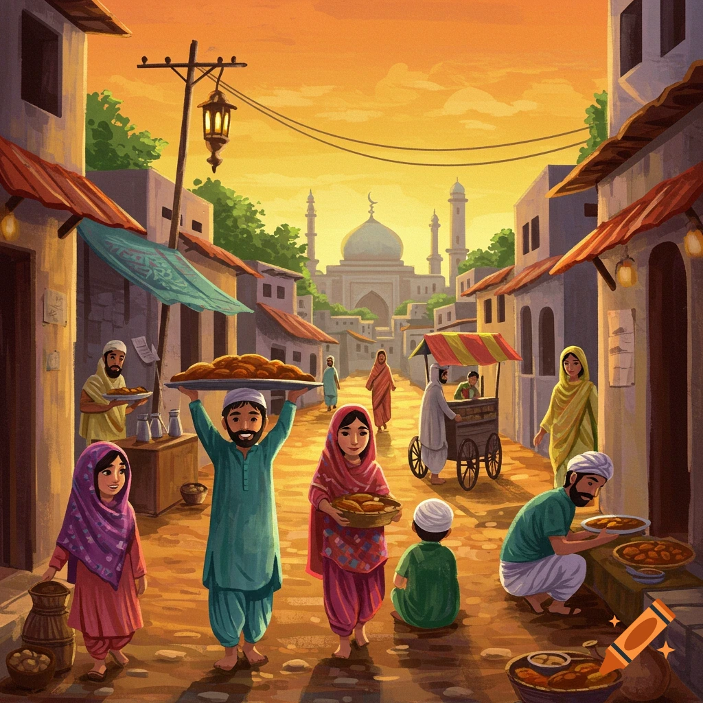 Stylized illustration of a street market scene with people carrying food, buildings, and a mosque under an orange sky.